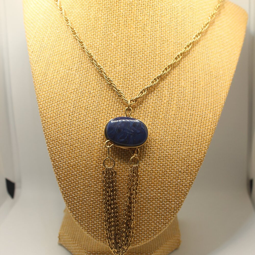 Sarah Coventry Vintage Modernist Blue Pendant Gold Tone